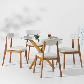 Conjunto Mesa de Jantar Thai Redonda Vidro Incolor - 1,10m + 4 Cadeira Nord Encosto Estofado Texture - Off White