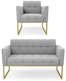 Kit 1 Sofá Namoradeira e 1 Poltrona Elisa Suede Cinza Base Metálica Industrial Dourado - D'Rossi