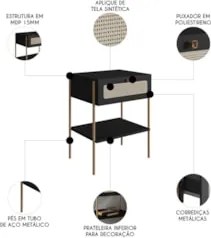 Cabeceira Casal e Queen Com 2 Mesas Laterais Arlo A10 Nero/Dourado - M