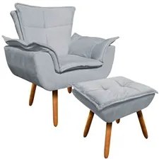 Poltrona Decorativa Pés Palito com Puff Opla Suede Cinza - Ibiza