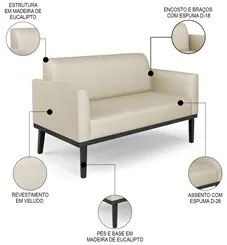 Sofá Namoradeira Base Madeira Preto Maressa Veludo Luxo Off White - Ib
