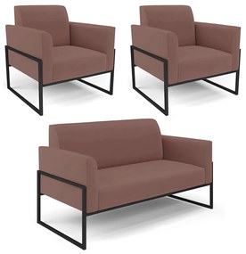Sofá Namoradeira com 2 Poltronas Base Industrial Alta Preto Marisa Veludo D03 - D'Rossi - Rose