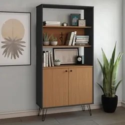 Estante Livreiro Decorativa 2 Portas Industrial Lit A06 Freijó/Preto -