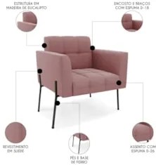 Poltrona Para Sala Pés Metálicos Preto Ana Suede Rosê - Ibiza