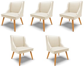 Kit 5 Cadeiras Decorativas Sala de Jantar Pés Palito de Madeira Firenze PU Bege/Natural G19 - Gran Belo