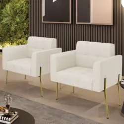 Poltrona Para Sala Pé Metal Dourado Kit 2 Ana Linho Bege - Ibiza