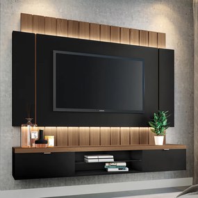 Painel Home Suspenso 1.8 para TV até 55 Polegadas com Fita LED MDP/MDF Illusion Preto/Castanho G26 - HB Móveis