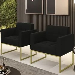 Poltrona Base Industrial Dourado Kit 2 Ana Suede Preto - Ibiza