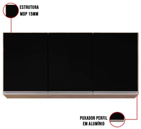 Armário Aéreo de Cozinha Lavanderia 03 Portas Tina 120 cm L06 - D'Rossi - Castanho e Preto