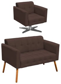 Kit 01 Namoradeira e 01 Poltrona Giratória Elisa Suede Base Estrela Cromada D'Rossi - Marrom