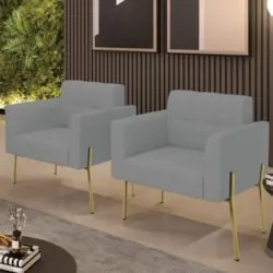 Poltrona Para Sala Pé Metal Dourado Kit 2 Ana Linho Grafite - Ibiza