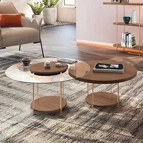 Conjunto Sky 2 Mesas Centro Tampo MDF/Vidro com Pés em Aço Castanho G26 - Hb Móveis