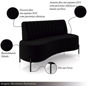 Sofá Living Decorativo 2 Lugares 1,35M Katara Pés de Ferro Veludo Preto G33 - Gran Belo