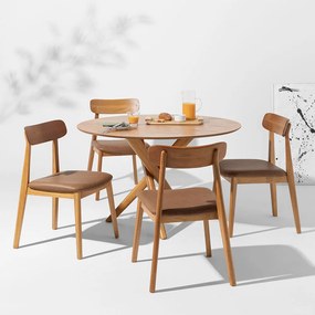 Conjunto Mesa de Jantar Thai Redonda Carvalho Americano 1,20m + 4 Cadeiras Nord Encosto Madeira Assento PU - Cognac