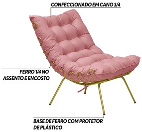 Poltrona Decorativa Sala de Estar Abel Base de Ferro Dourada Suede Rosa G41 - Gran Belo