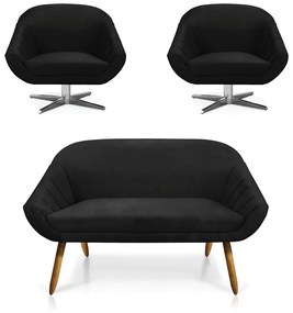 Kit 01 Namoradeira 02 Lugares e 02 Poltronas Giratória Giovana Suede Base Cromada - D'Rossi - Preto