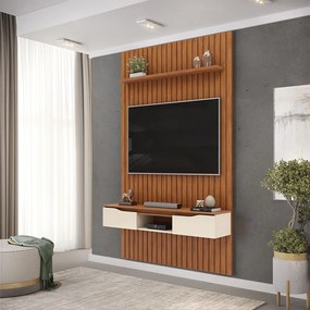 Painel Suspenso Ripado Seko TV 55" Portas Basculantes Borda Chanfrada Freijó/OffWhite G18 - Gran Belo