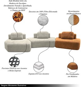 Sofá Ilha Sala de Estar 2 Módulos e Chaise Dakota Encosto Almofadas Soltas Bouclê Rústico Greige/Terracota G33 - Gran Belo