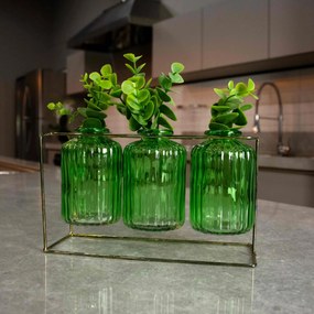 Kit com 3 Vasos de Vidro Verde com Suporte Dourado 13x21 cm - D'Rossi