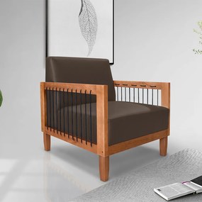 Poltrona Sala de Estar Pés Madeira Maciça Corda Náutica Preta 75cm Manila PU Marrom G63 - Gran Belo