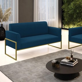 Sofá 2 Lugares Namoradeira Industrial Alta Dourado Marisa Bouclê Azul
