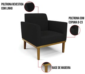 Poltrona Base de Madeira Fixa Castanho Marisa Linho D03 - D'Rossi - A79 Preto