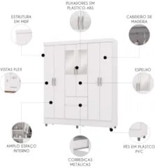 Guarda Roupa Solteiro 154cm Com Espelho Mayra Branco Flex V02 - Mpozen
