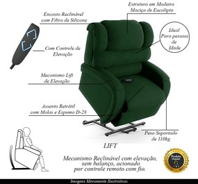 Poltrona do Papai Sala de Cinema Reclinável Kylie Elevação Lift Elétrico Veludo Verde Esmeralda G23