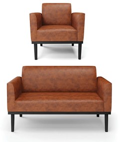 Conjunto Poltrona e Namoradeira Decorativa Isabella Pés Fixo em Madeira Preto PU Nozes G19 - Gran Belo