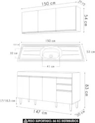 Armário Cozinha e Balcão Com Pia 150cm Marrocos Cinza      - Lumil