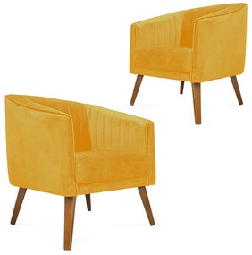 Kit 2 Poltronas Decorativas Dalia Pés de Madeira Suede Amarelo - Sheep Estofados - Amarelo