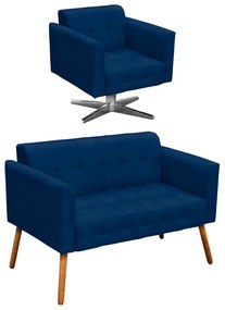 Kit 01 Namoradeira e 01 Poltrona Giratória Elisa Suede Base Estrela Cromada D'Rossi - Azul Marinho