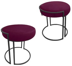 Puff Redondo Base Industrial Preto Kit 2 Love Suede - Vinho