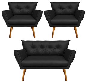 Kit 01 Namoradeira e 02 Poltronas Anitta Corino Pés Palito Castanho D03 - D'Rossi - Preto