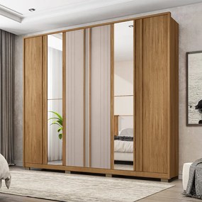 Guarda Roupa Casal Nilus 6 Portas com 2 Espelhos 4 Gavetas Ripado MDP Buriti/Fendi G11 - Gran Belo