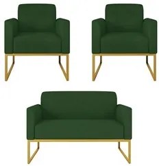 Kit Namoradeira e 2 Poltronas Decorativas Base Industrial Dourada Mare