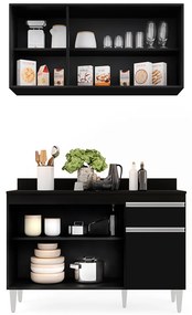 Kit Armário Aéreo e Balcão de Cozinha Lavanderia Lucy com Tampo 120 cm - D'Rossi - Preto