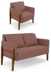 Kit 1 Sofá Namoradeira e 1 Poltrona Lana Veludo Rosê Base de Madeira - D'Rossi