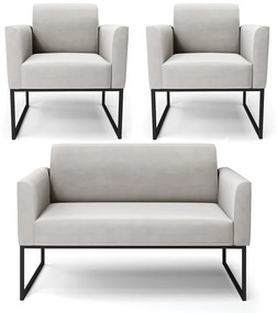 Sofá Namoradeira com 2 Poltronas Base Industrial Preto Marisa Veludo D03 - D'Rossi - Cinza