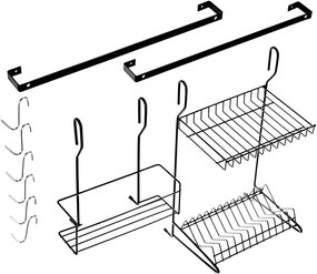 Kit Elegance 11pcs Cozinha Suspensa Parede Com Escorredor de Pratos e Copos Em Inox Preto