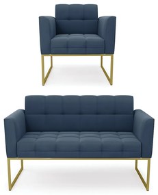 Kit 1 Sofá Namoradeira e 1 Poltrona Elisa Suede Base Metálica Industrial Dourado - D'Rossi - Azul Marinho