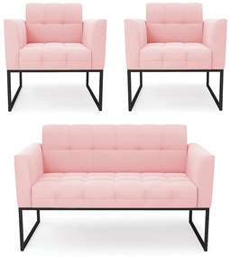 Kit 1 Sofá Namoradeira e 2 Poltronas Elisa Suede Base Metálica Industrial Preto - D'Rossi - Rosa Bebê