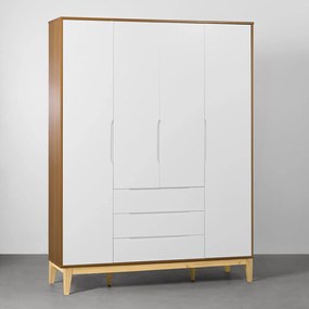 Guarda-Roupa Elfe 4 Portas e 3 Gavetas com Pés Square Natural – Branco Fosco e Savana