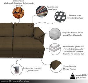 Sofá Retrátil Manual Sala de Estar Nolan Bipartido 339cm Conforto Premium em Couro Cappuccino G58 - Gran Belo
