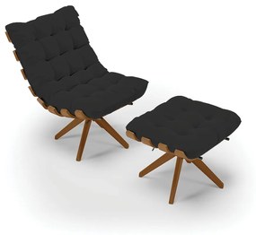 Poltrona com Puff Giratório Costela Veludo Preto Base de Madeira MA30 M11 - D'Rossi