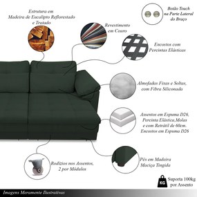 Sofá Retrátil Elétrico Sala de Estar Nolan Bipartido 250cm Conforto Premium em Couro Verde G58 - Gran Belo