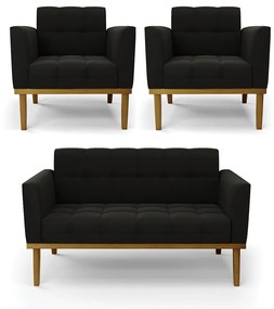 Namoradeira com 2 Poltronas Base de Madeira Castanho Elisa Suede D03 - D'Rossi - Preto