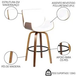 Kit 5 Banquetas Alta Giratória com Encosto Base Madeira Argo R02 Sinté