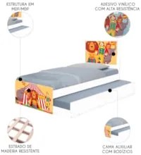 Cama Solteiro Infantil Com Auxiliar 188x88cm Circo K06 - Mpozenato