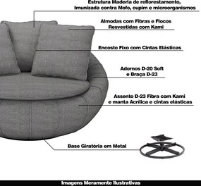 Poltrona Giratória Sala de Estar Afrodite com Almofadas Linho Cinza G45 - Gran Belo